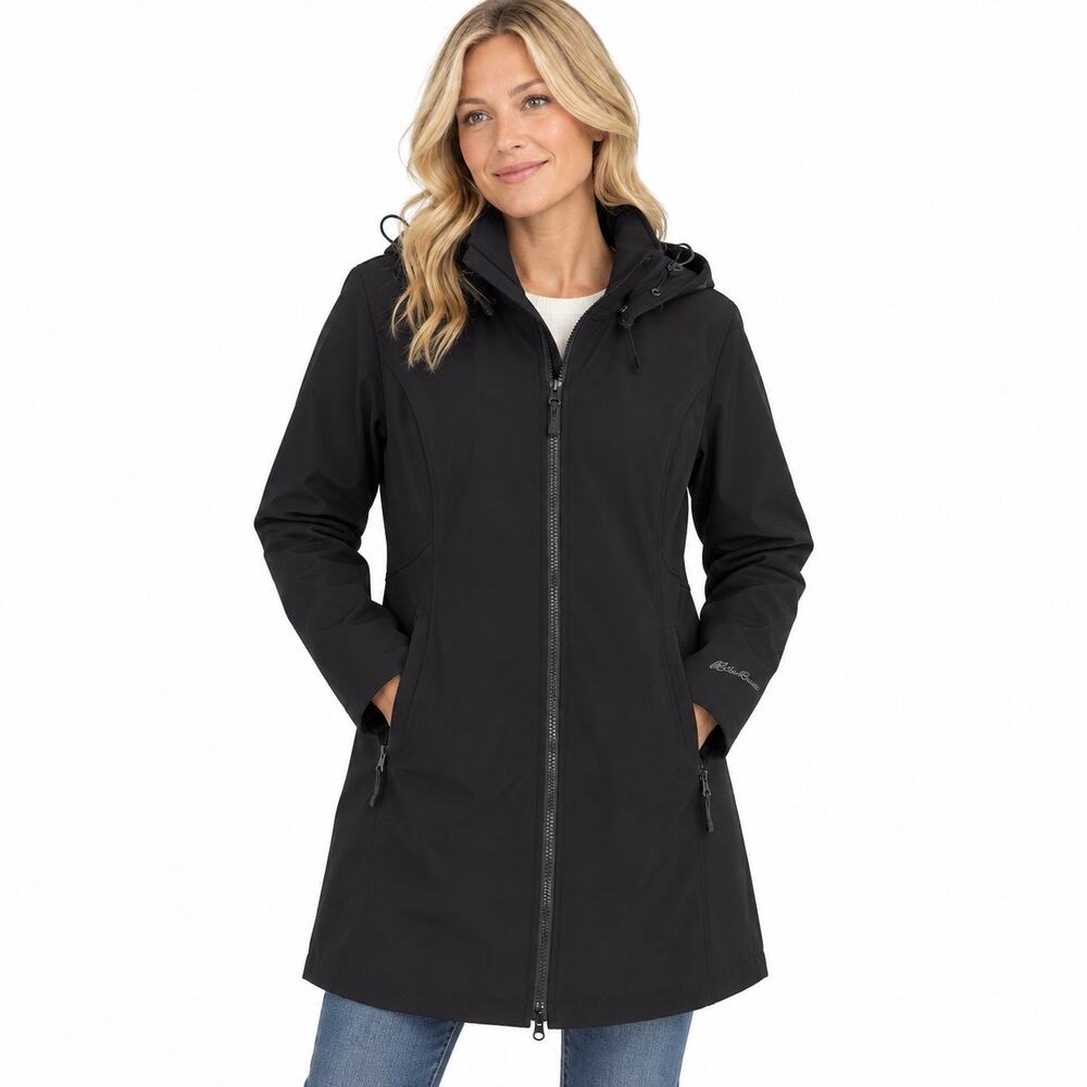 Eddie Bauer hooded soft shell long trench zip up coat pockets Black Women XL P